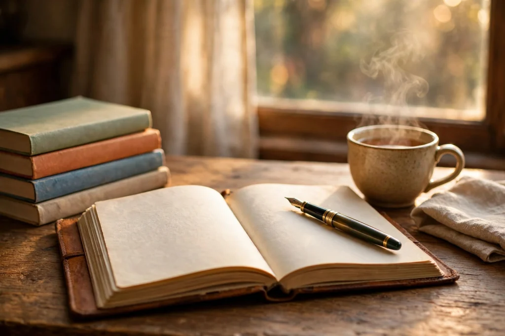 Open digital reading journal on a tablet beside a stack of books, showing a book tracker page for 2026