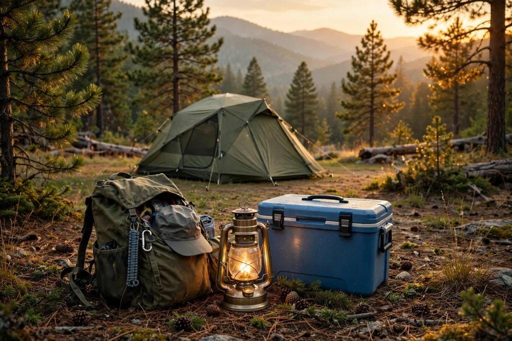 Printed camping checklist on a clipboard next to a packed backpack and tent at a forest campsite