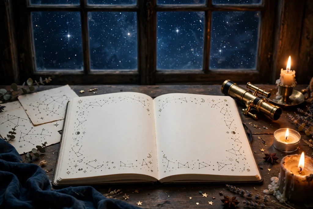 Zodiac planner weekly spread decorated with star sign constellations, moon phases, and celestial illustrations