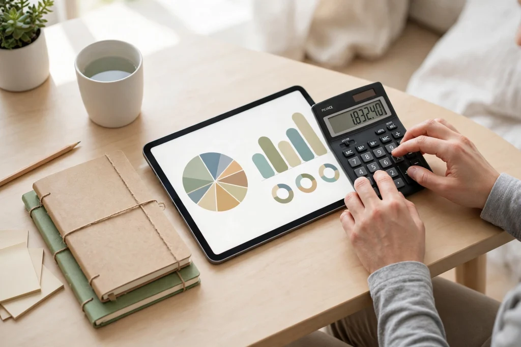 Hands using a calculator and finance planner to budget monthly with a finance planner