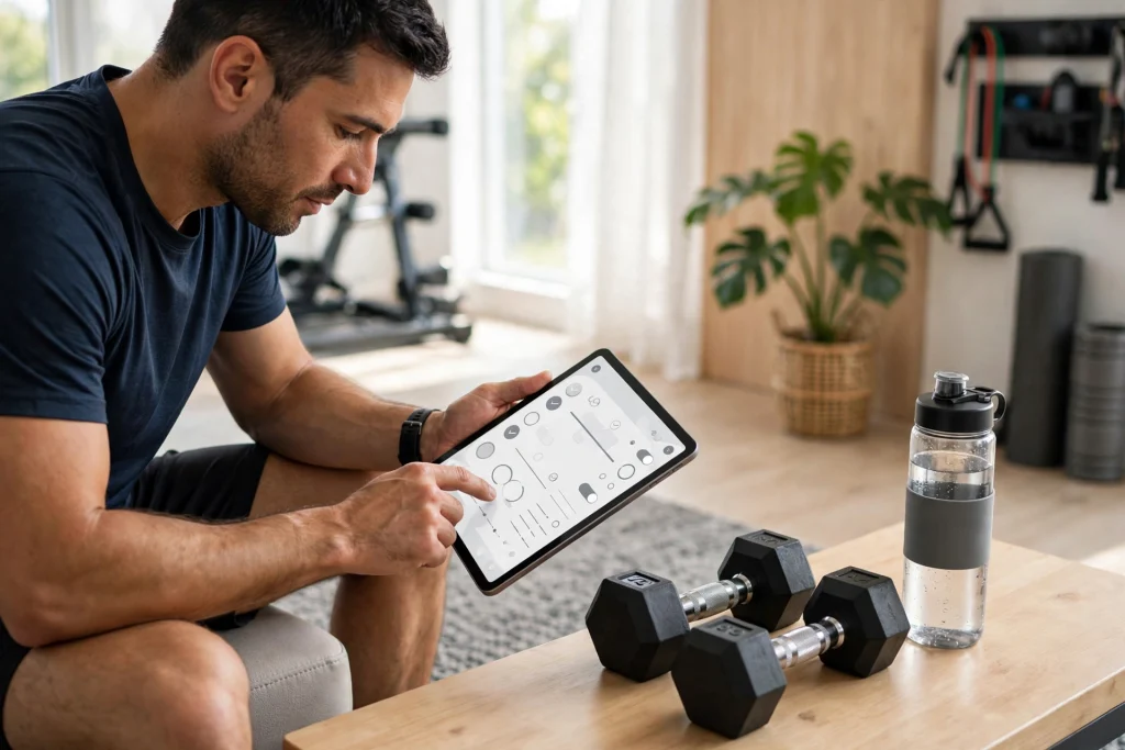 Person logging a workout to track workouts with a fitness planner on a tablet