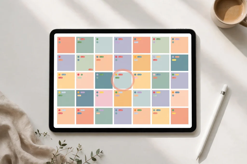 iPad showing how to use a digital planner in GoodNotes on a minimalist desk
