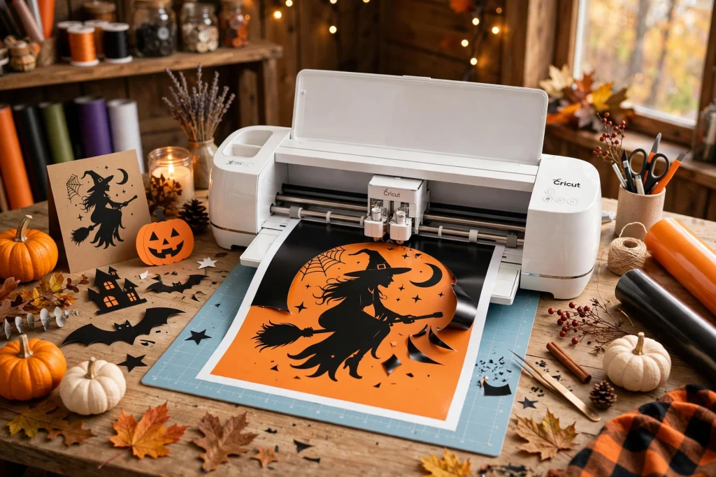 Cricut machine cutting a halloween svg witch design for spooky crafts