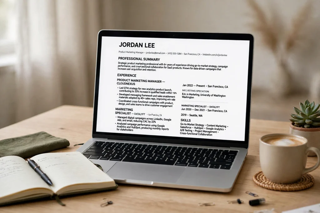 ATS friendly resume being built on a laptop screen