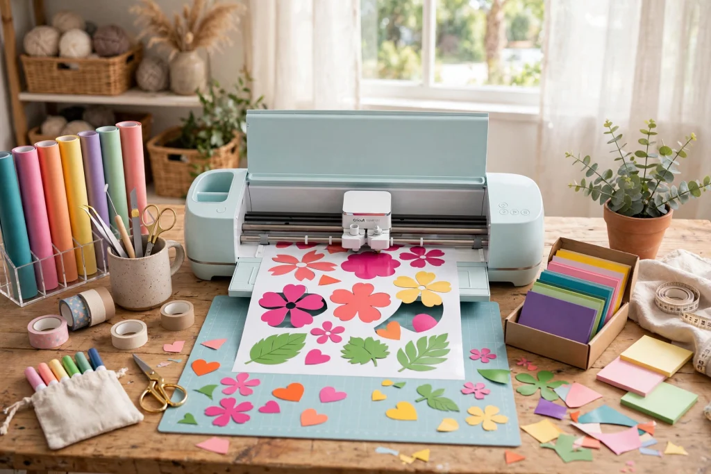 Cricut cutting machine working with SVG cut file design on a crafting table