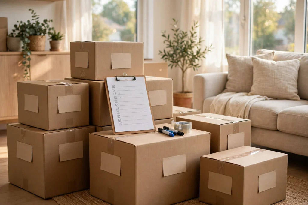 Printable moving checklist with boxes, labels, and packing supplies on a table
