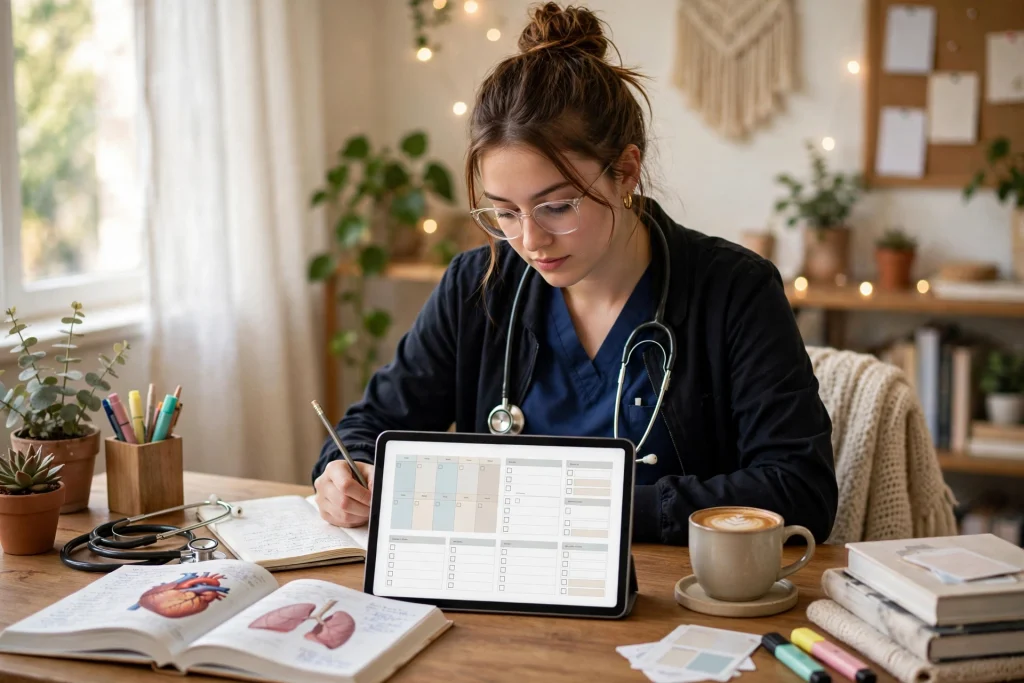Nursing student using the best digital planner for nursing students on a tablet