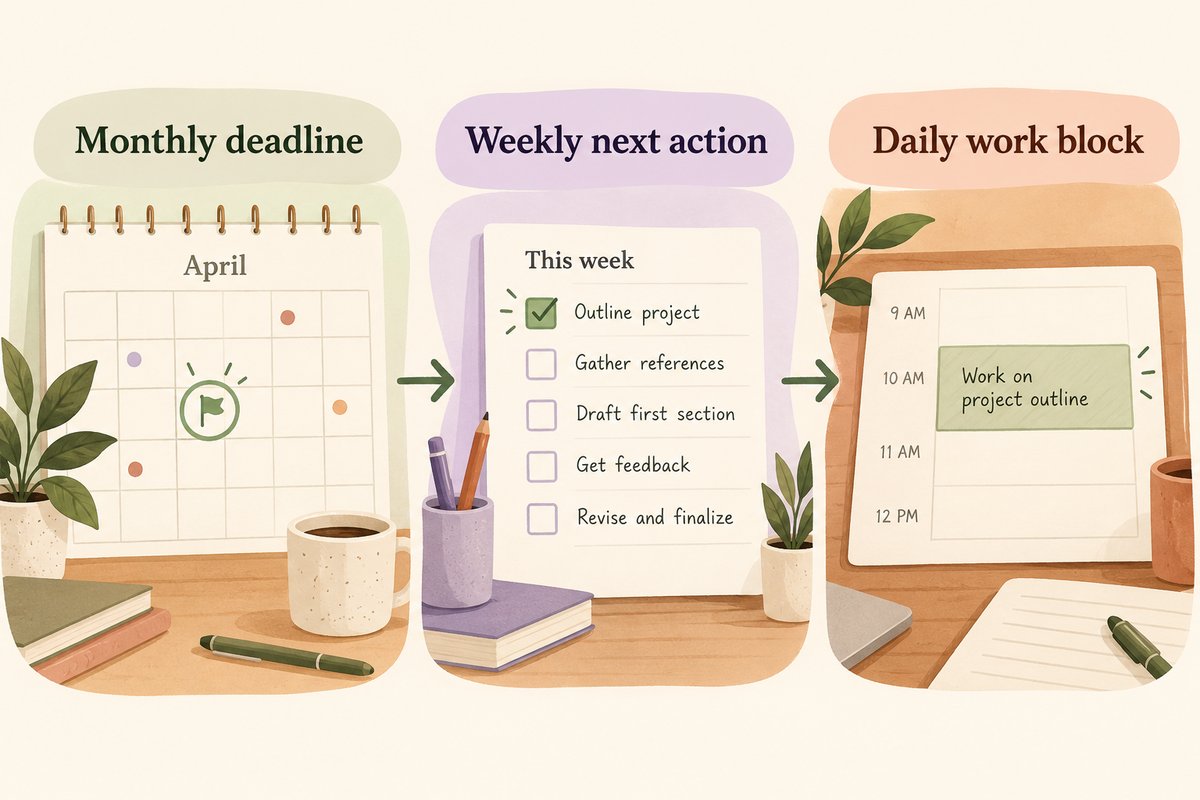 Illustrated workflow from a monthly deadline to a weekly next action and daily work block