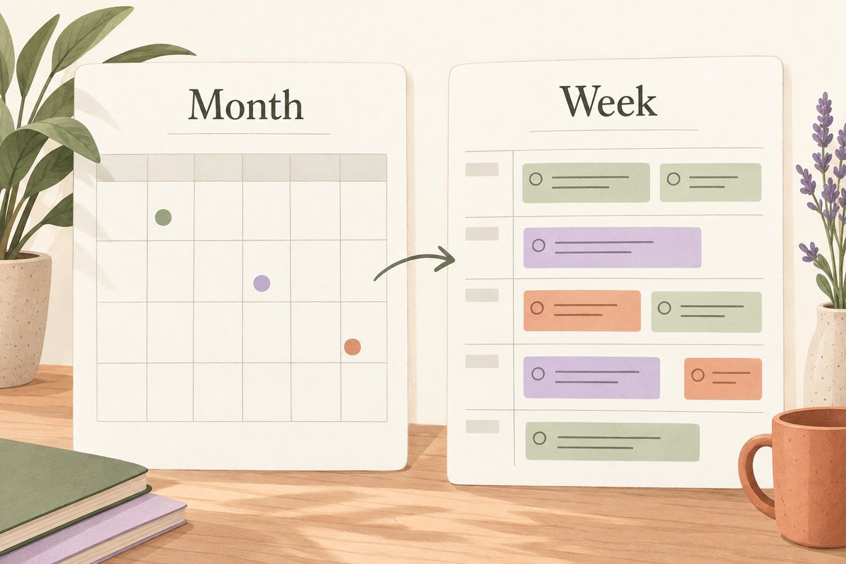 Monthly and weekly digital planner views showing deadlines and smaller work blocks