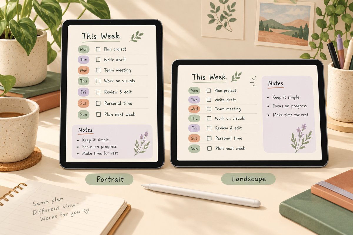 Digital planner portrait vs landscape illustrations showing the same weekly tasks
