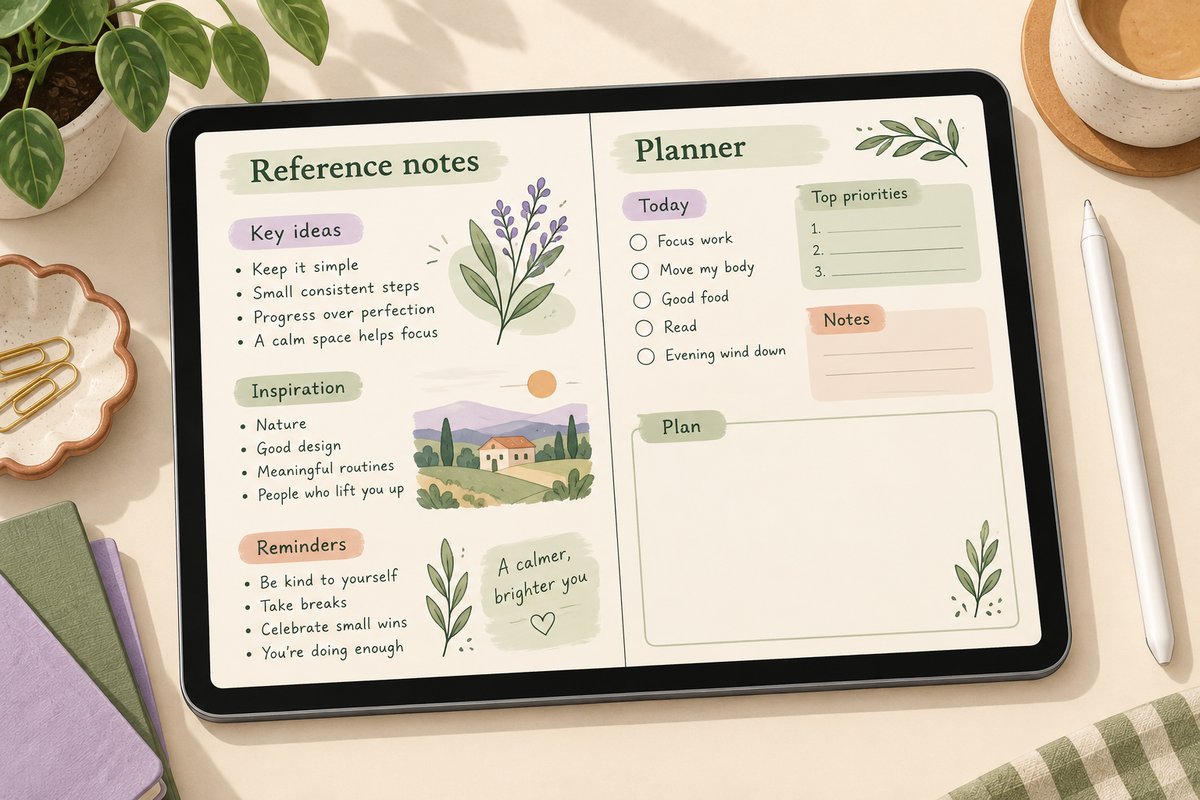 Digital planner portrait vs landscape workspace test with reference notes beside the writing area