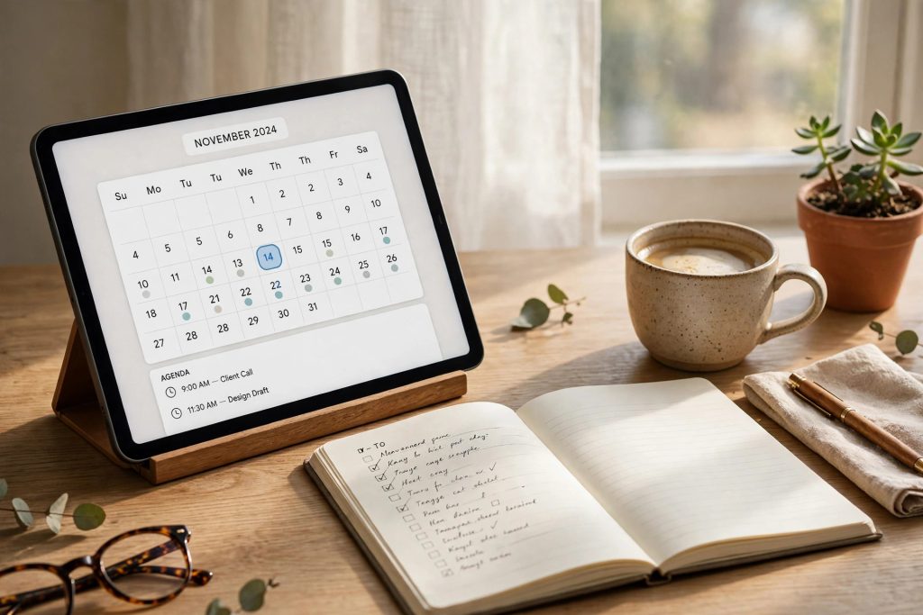 Freelancer using a digital planner to stay organized as a solopreneur in a home office