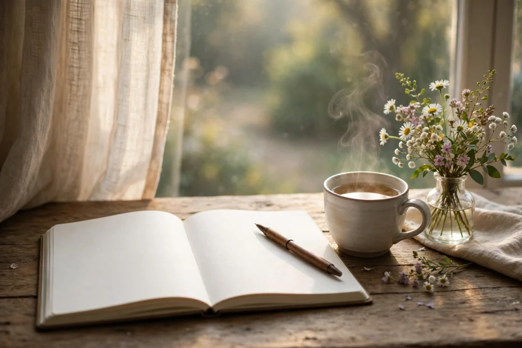 Gratitude journaling for beginners setup with open journal, pen and morning tea