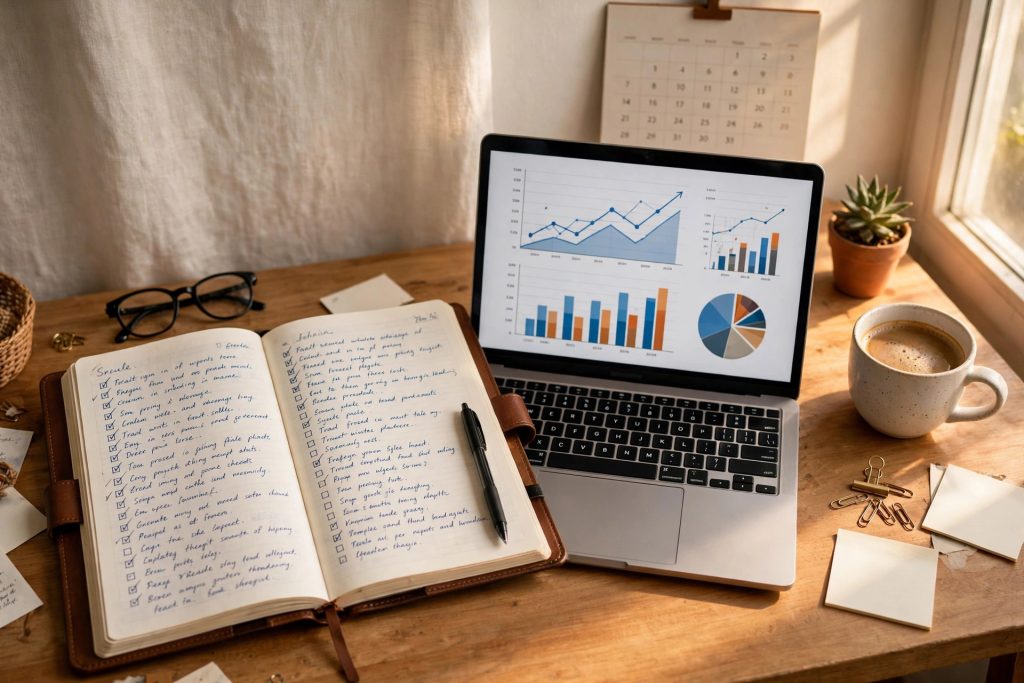 Small business planner with yearly goals and trackers on a desk