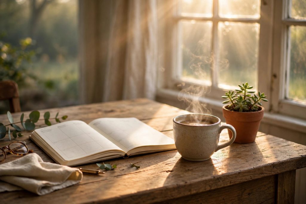 Woman doing a Sunday reset weekly planning routine with a planner and coffee