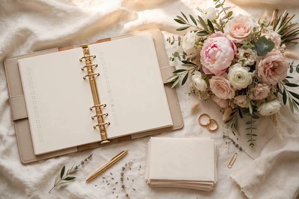 Wedding planning timeline checklist flat-lay with planner binder, bouquet and rings