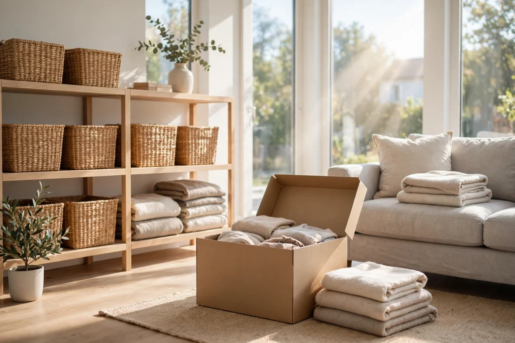 Room by room declutter checklist in a bright organized living room