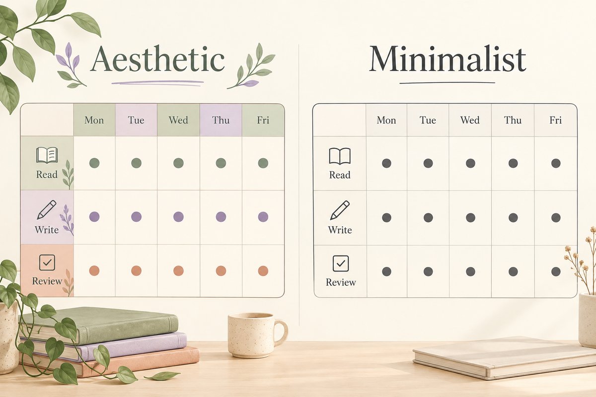 Aesthetic and minimalist weekly planner styles with equivalent rows and labels