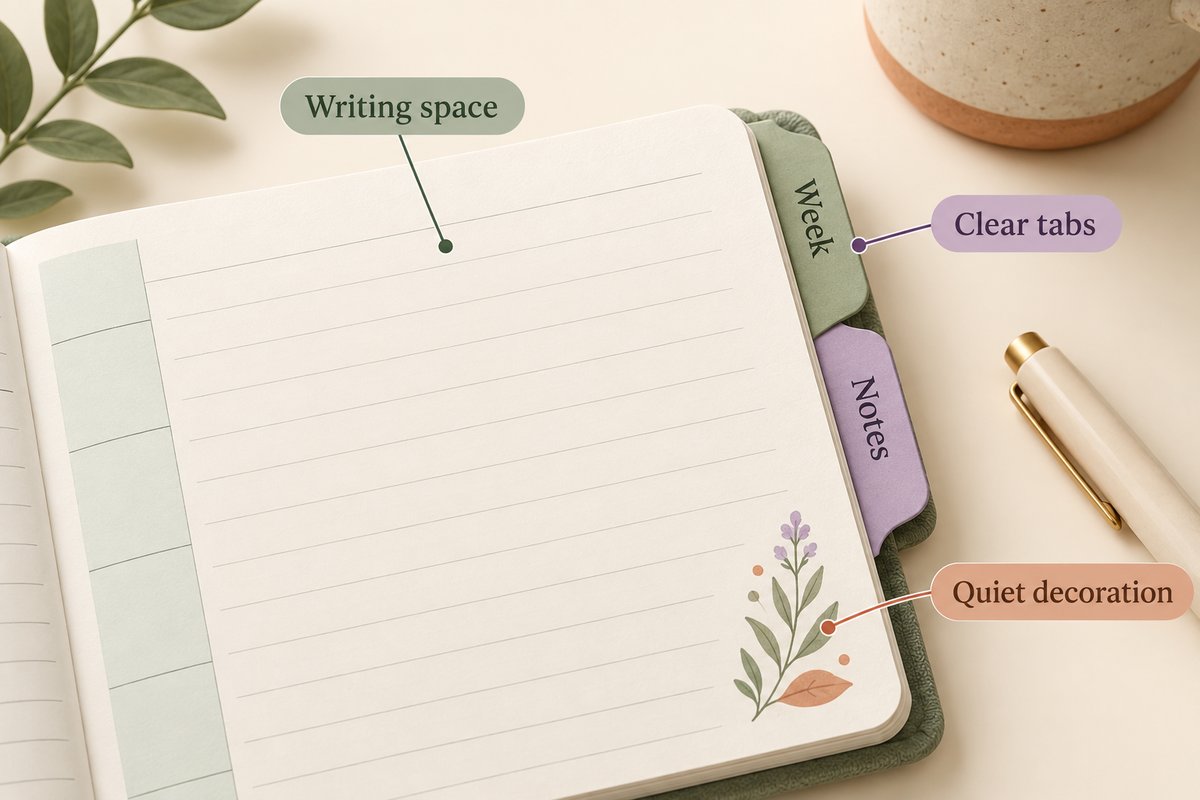 Planner illustration highlighting writing space, clear section tabs and restrained decoration
